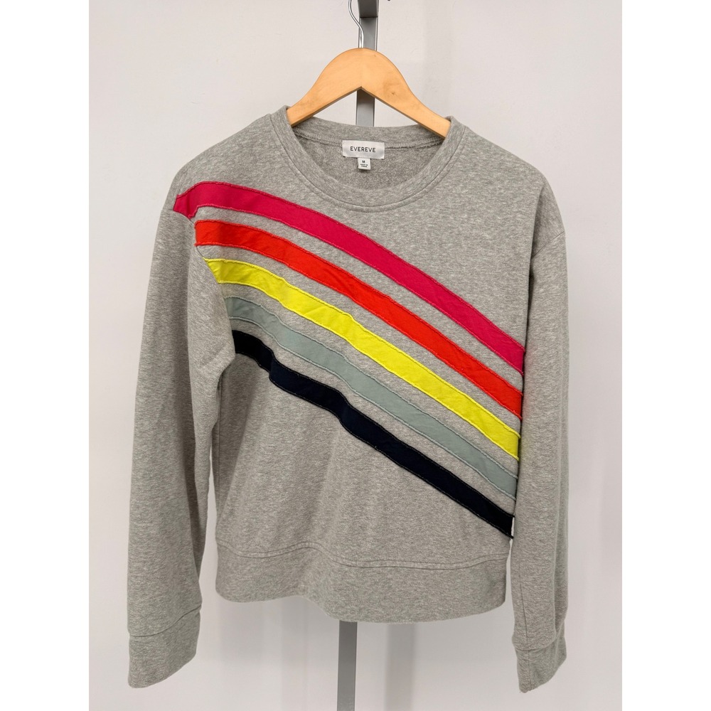 Evereve Womens Grey Rainbow Stripe Raw Edge Crewneck Sweatshirt Size M Pullover